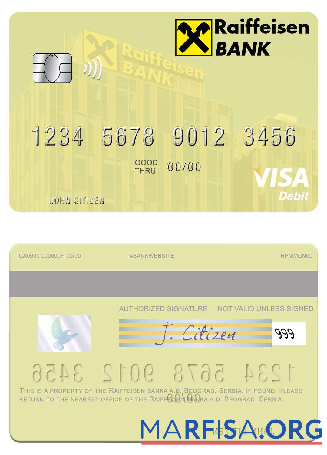 Realistic Serbia Raiffeisen banka a.d. Beograd visa debit card template
